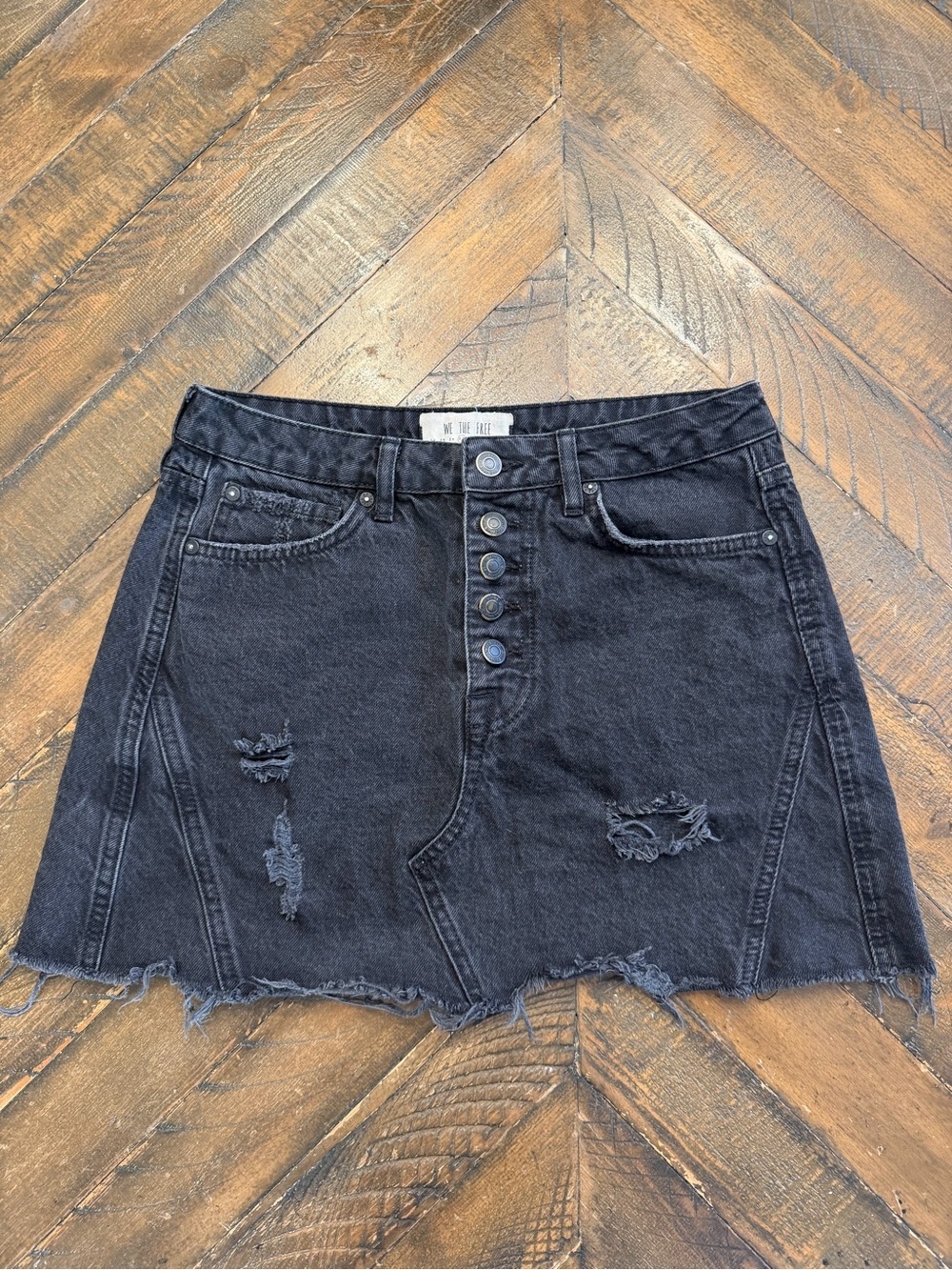 Free People Dark Grey Light Black Distressed Button-Front Denim Mini Skirt